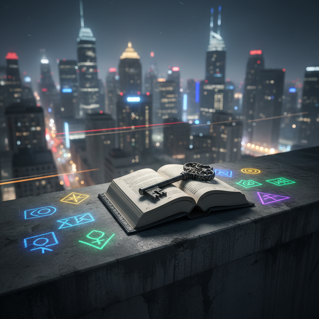 A nighttime city rooftop scene viewed from waist height, focusing on a weathered concrete ledge where a single contemporary fantasy hardcover rests open, its pages held by a heavy, ornate metal key. Surrounding the book are faintly glowing chalk symbols inscribed on the concrete, their light subtle yet otherworldly. Beyond the ledge stretches a modern skyline of glass towers and streetlights rendered in soft focus, with a thin mist catching scattered neon reflections. The primary light source is cool, ambient city glow, accented by the faint luminescence of the chalk. Photographic realism with a cinematic, wide-angle composition emphasizing depth and atmosphere, creating a moody, sophisticated sense of magic woven into the modern world, ideal for a genre-defining portfolio image.