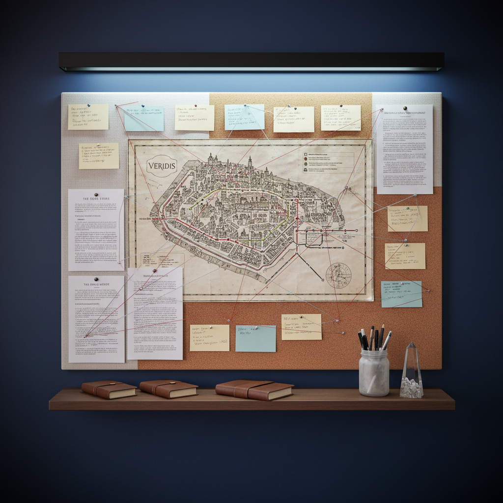 An elegant corkboard and pinboard hybrid mounted on a deep indigo wall, covered with neatly arranged index cards, printed chapter outlines, and a large, hand-drawn map of a fictional city overlaid on a real-world transit network. Fine red and silver threads connect select notes, forming constellations of plot points. A narrow floating shelf beneath holds closed notebooks, a frosted glass jar of pens, and a small, intricate crystal obelisk. Soft, cool-toned artificial lighting from an overhead source gently highlights the textures of paper and thread, while a subtle vignette darkens the room’s edges. Photographic realism, shot straight-on with sharp focus throughout, conveying an organized, mysterious, and intellectually sophisticated atmosphere suited to a “Works in Progress” page.