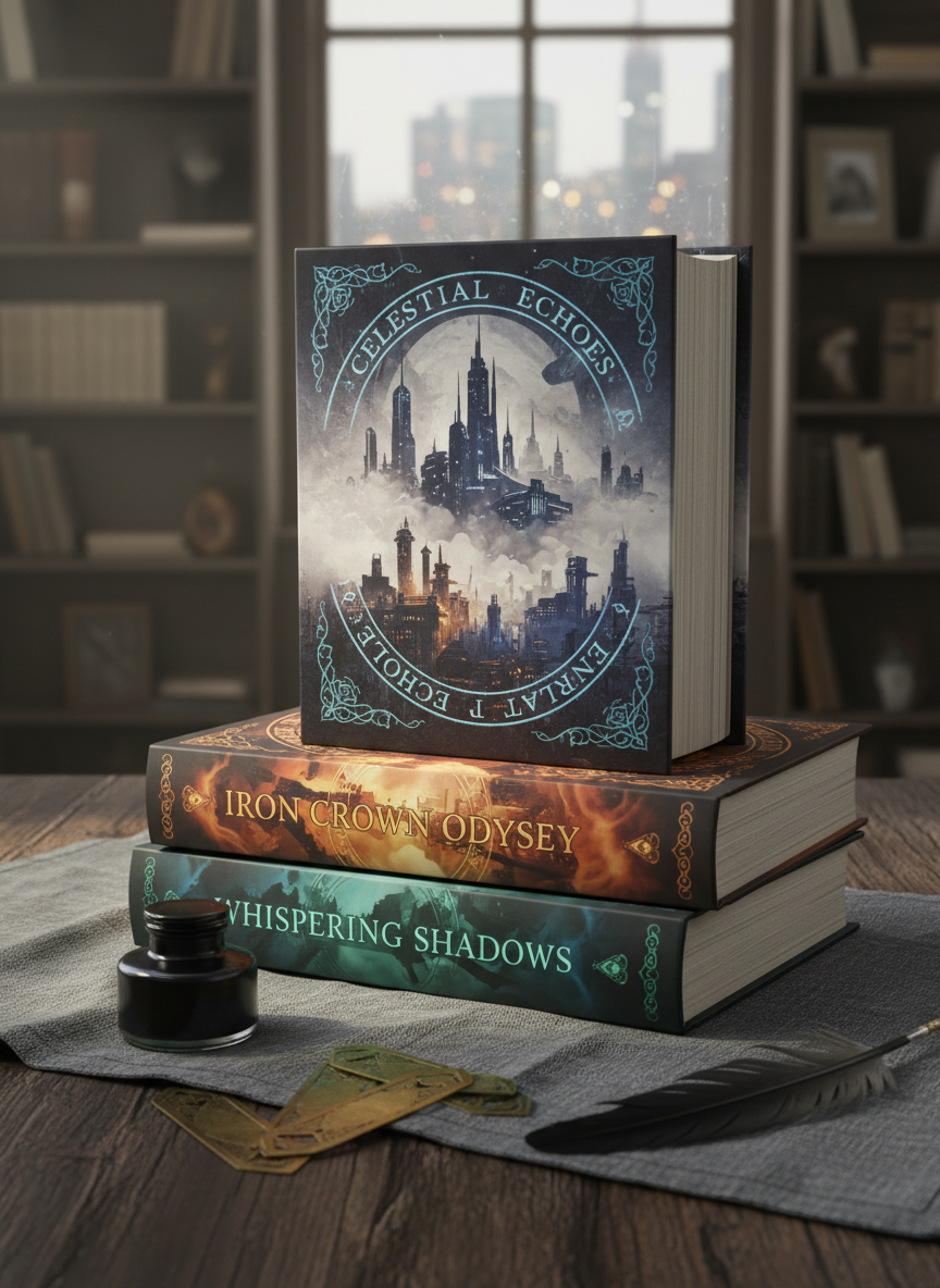 A stack of three contemporary fantasy books with distinct, richly detailed covers arranged on a slate-grey linen cloth, each cover featuring abstract, glowing runes and subtle urban skylines half-submerged in mist. The top book lies slightly askew, revealing gilded page edges that catch a shaft of cool, diffused window light. Around the stack are scattered metallic bookmark tabs, a closed ink bottle, and a single raven feather, all resting on a dark, textured wooden tabletop. In the softly blurred background, outlines of additional bookshelves and a faint cityscape through a rain-speckled window suggest a modern setting touched by magic. Photographic realism with a slightly elevated angle and balanced composition, creating a sophisticated, intriguing mood ideal for a “Books” portfolio section.