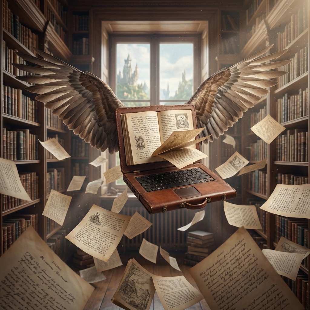 A winged leather laptop flying in a library filled with swirling book pages.