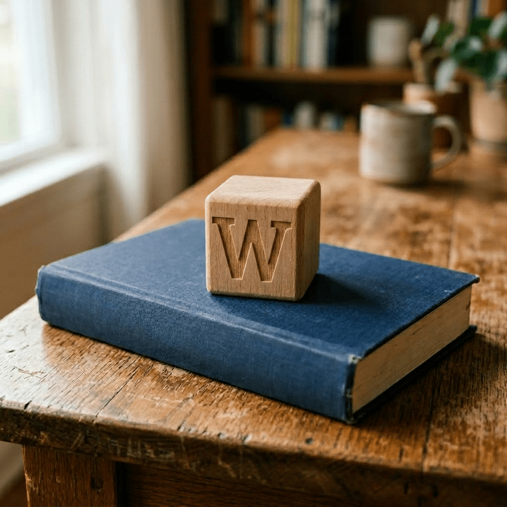 Wooden letter block G on blue hardcover book titled A Life Unwinding by Elizabeth K. Finch