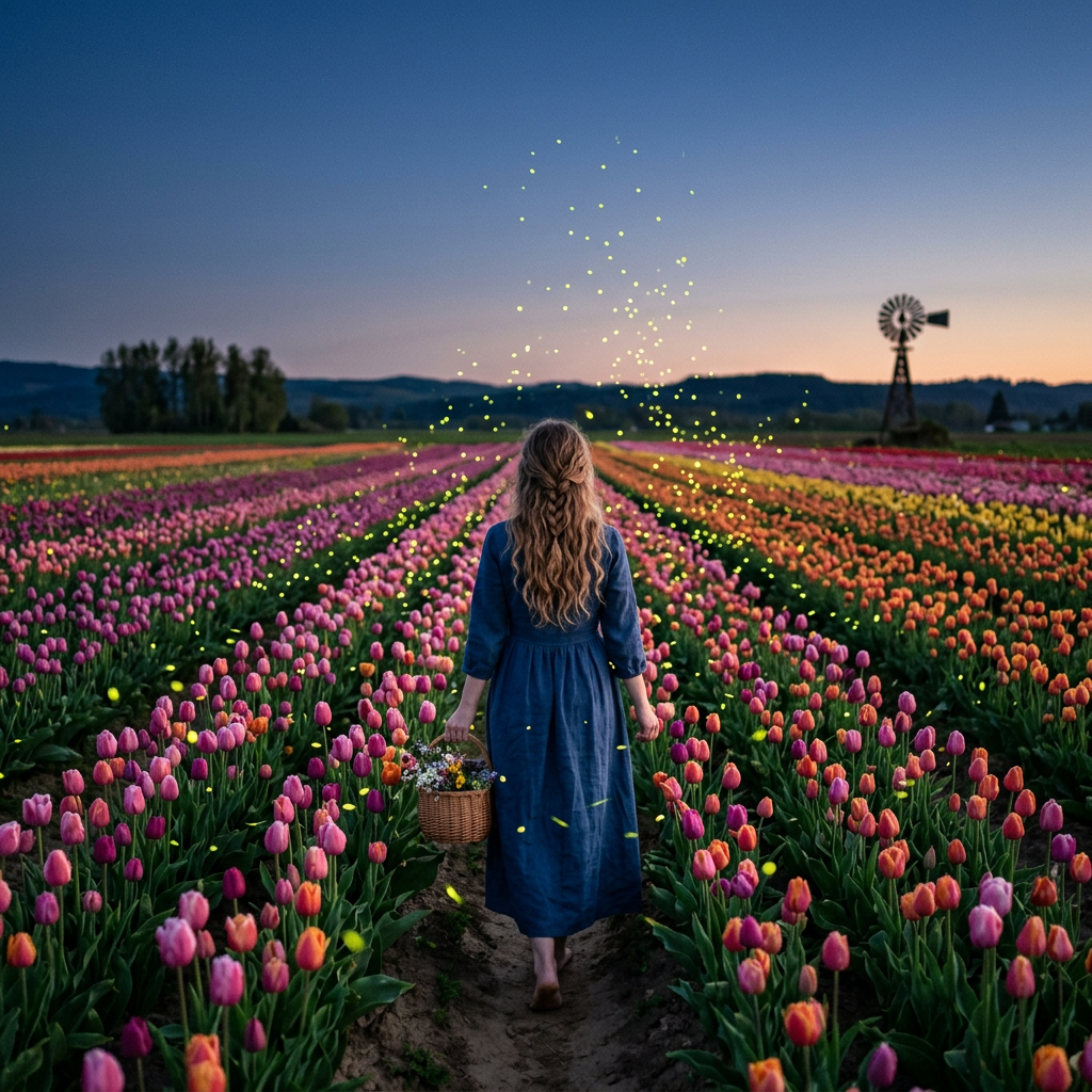 Woman walking barefoot through colorful tulip field at dusk with basket of flowers